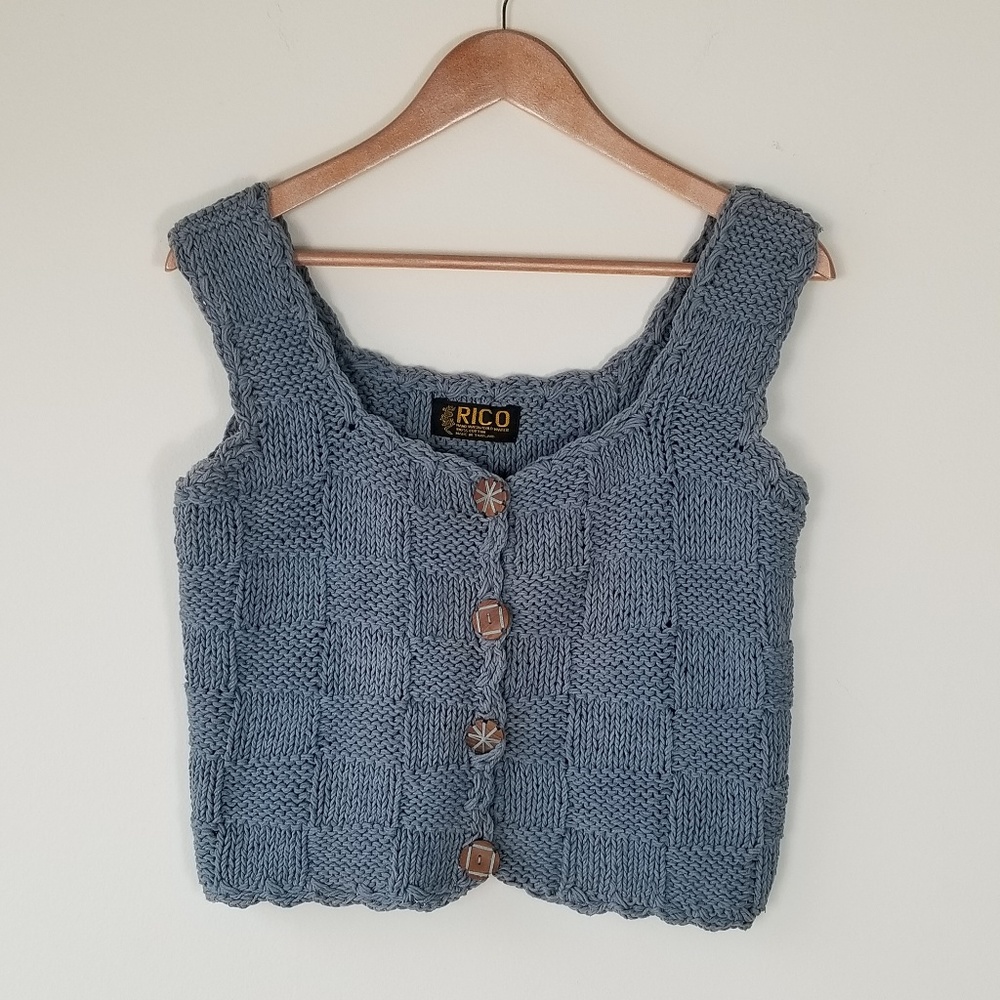 Rico Grey Blue Crochet Crop Tank Top L/XL